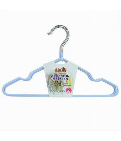 Set 5 Pz Grucce Stampelle Appendiabiti Metallo Gommate Antiscivolo Celeste 87672
