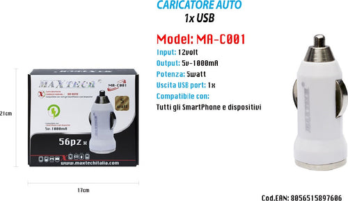 Caricatore Usb Da Auto Presa Universale Viaggio Accendisigari 5v-1000ma Maxtech Ma-c001 Elettronica/Cellulari e accessori/Accessori/Caricabatterie/Caricabatterie da auto Trade Shop italia - Napoli, Commerciovirtuoso.it