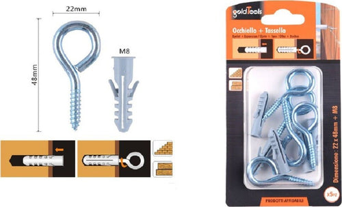 Set 5pz Vite A Occhiello Chiuso 22x48mm + Tasselli Con Alette Tassello M8 90725 Fai da te/Ferramenta/Chiodi viti ed elementi di fissaggio/Kit di bulloni e dadi Trade Shop italia - Napoli, Commerciovirtuoso.it