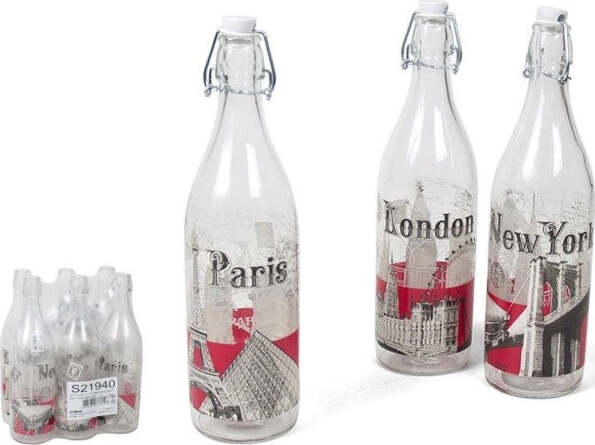 Set-6-Pezzi-Bottiglie-Vetro-Decorata-Cities-Città-Del-Mondo-Capacità-1lt