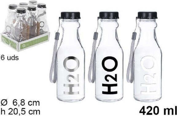 Set-6-Pz-Bottiglia-D'acqua-H2o-Vetro-Trasparente-420ml-Borraccia-Laccetto-109286