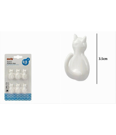 Set 6 Pz Ganci Adesivi A Forma Di Gatto Bianchi Per Cucina Bagno Da Parete 79347