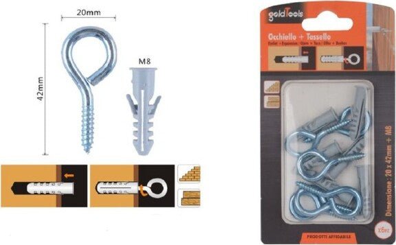 Set-6-Pz-Vite-A-Occhiello-Chiuso-20x42mm-+-Tasselli-Con-Alette-Tassello-M8-90727