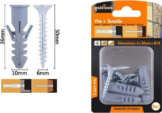 Set-6-Pz-Viti-Vite-Croce-6x30mm-+-Tasselli-Con-Alette-Tassello-M10-Fischer-57571