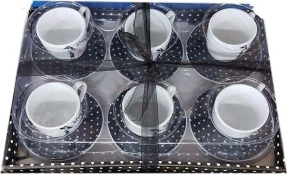 Set-6-Tazzine-Tazze-Caffè-Con-Piattini-Ceramica-Decorata-Fantasia-Pois-Neri