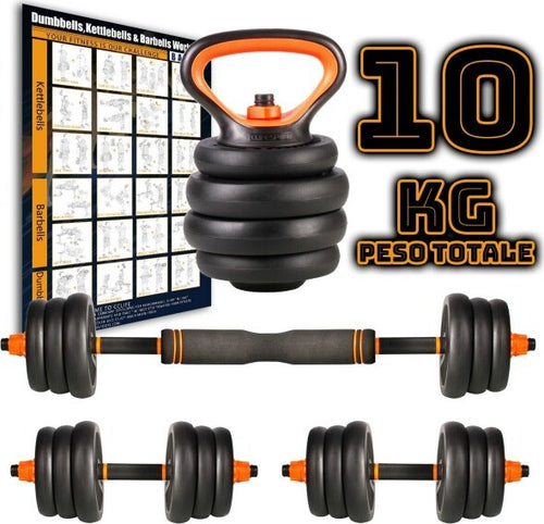 Set-6in1-Multifunzione-Peso-10kg-Manubri-Con-Bilanciere-E-Kettlebell-Componibile
