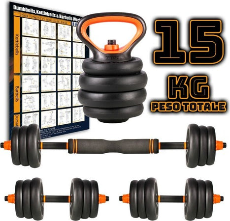 Set-6in1-Multifunzione-Peso-15kg-Manubri-Con-Bilanciere-E-Kettlebell-Componibile