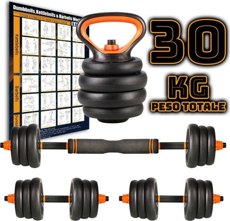 Set-6in1-Multifunzione-Peso-30-Kg-Manubri-Con-Bilanciere-E-Kettlebell-Componibile