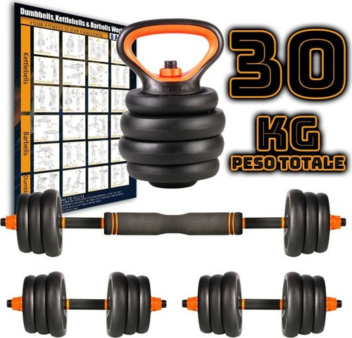 Set-6in1-Multifunzione-Peso-30-Kg-Manubri-Con-Bilanciere-E-Kettlebell-Componibile