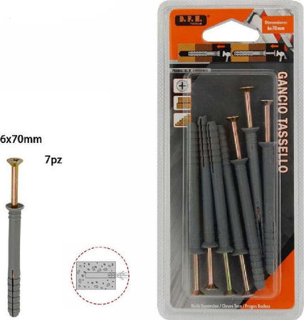 Set 7 Pezzi Tasselli Fisher Viti Vite Chiodi Gancio Tassello Misura 6x70mm 69050 Fai da te/Ferramenta/Chiodi viti ed elementi di fissaggio/Tasselli/Tasselli a espansione Trade Shop italia - Napoli, Commerciovirtuoso.it