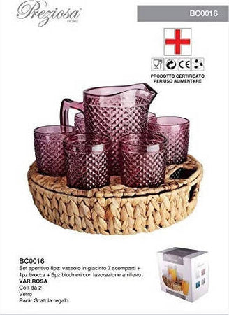 Preziosa Set Aperitivo Rosa 8 Pezzi Made in Italy 6 Bicchieri +1 Caraffa +1 Vassoio con Scomparti BC0016 set aperitivo L'Orchidea - Siderno, Commerciovirtuoso.it