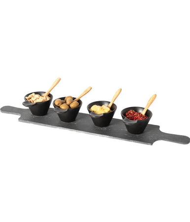 Set Antipastiere Con 4 Piattini E Cucchiaini In Bamboo E 1 Vassoio In Ardesia