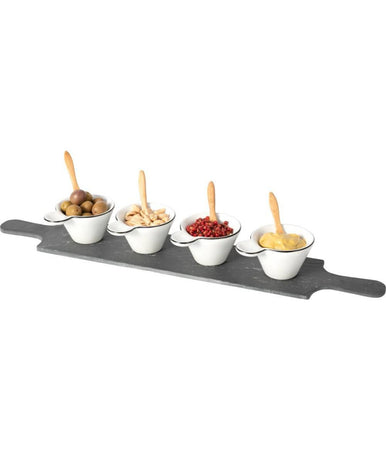 Set Antipastiere Con 4 Piattini E Cucchiaini In Bamboo E 1 Vassoio In Ardesia