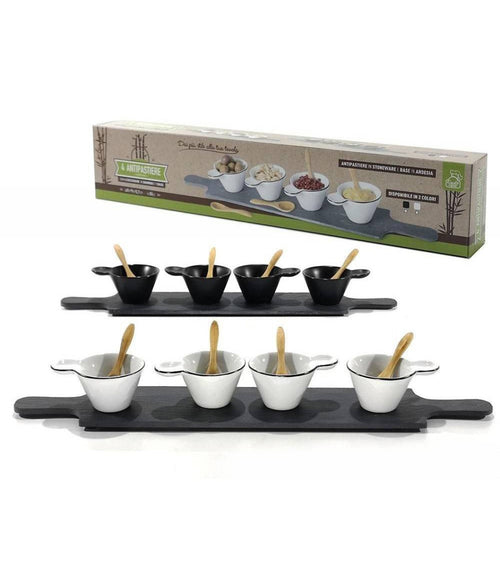 Set Antipastiere Con 4 Piattini E Cucchiaini In Bamboo E 1 Vassoio In Ardesia