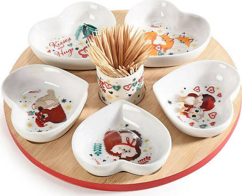 Set Aperitivo Natalizio 5 Coppette a Cuore in Porcellana Su Vassoio in Legno Casa e cucina/Stoviglie/Piatti ciotole e vassoi/Piatti per servire/Vassoi/Vassoi per aperitivi e tapas Sogno Shop - Assisi, Commerciovirtuoso.it