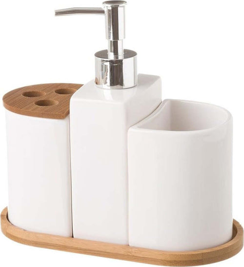 Set-Bagno-3pz-Con-Dispenser-Sapone-Bicchiere-Portaspazzolini-In-legno-e-Ceramica