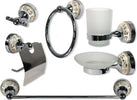 Set-Bagno-6pz-Acciaio-Vetro-Ceramica-Decorazioni-Oro-Portarotolo-Saponetta-52436
