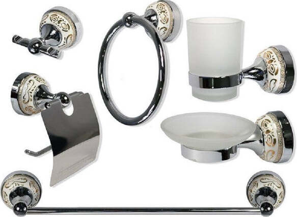 Set-Bagno-6pz-Acciaio-Vetro-Ceramica-Decorazioni-Oro-Portarotolo-Saponetta-52436