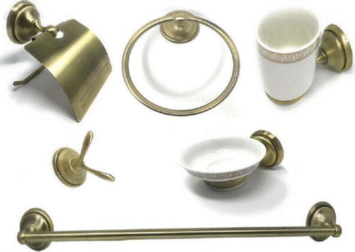 Set-Bagno-Classico-Oro-Satinato-Vetro-6pz-Portarotolo-Sapone-Asciugamano-52644