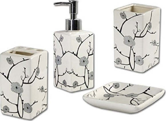 Set-Bagno-Fiori-Pesco-Giapponesi-In-Ceramica-Dispenser-Porta-Saponetta-Bicchiere
