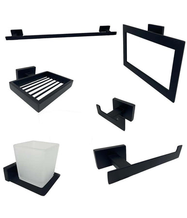 Set Bagno Rettangolare Nero 6pz Porta Asciugamano Rotolo Bicchiere Spazzolino 87262