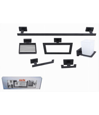 Set Bagno Rettangolare Nero 6pz Porta Asciugamano Rotolo Bicchiere Spazzolino 87262