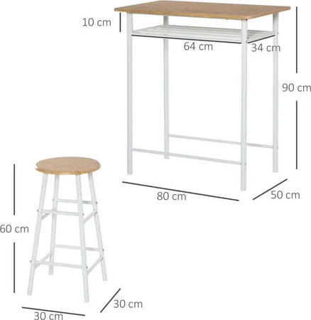 Set-Bancone-Bar-e-2-Sgabelli-Alti-in-Legno-Stile-Nordico-con-Mensola-e-Poggiapiedi,-Bianco-HY6835-297WTHY6
