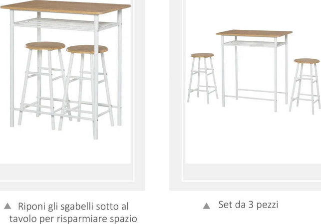 Set-Bancone-Bar-e-2-Sgabelli-Alti-in-Legno-Stile-Nordico-con-Mensola-e-Poggiapiedi,-Bianco-HY6835-297WTHY6