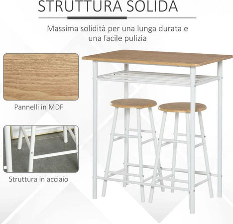 Set-Bancone-Bar-e-2-Sgabelli-Alti-in-Legno-Stile-Nordico-con-Mensola-e-Poggiapiedi,-Bianco-HY6835-297WTHY6