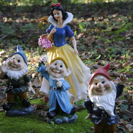 Sette nani in poliresina da giardino nanetti di Biancaneve per aiuola h 28 cm