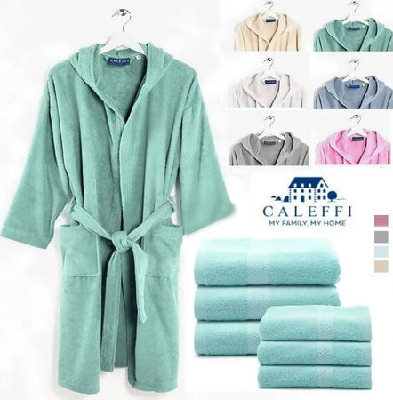 Set-Caleffi-Asciugamani-3+3-E-Accappatoio-In-Spugna-Di-Puro-Cotone-100%-6-Asciugamani-E-1-Accappatoio-Bagno