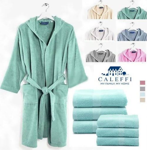 Set-Caleffi-Asciugamani-3+3-E-Accappatoio-In-Spugna-Di-Puro-Cotone-100%-6-Asciugamani-E-1-Accappatoio-Bagno