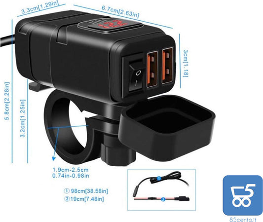 Set Caricabatterie con Spina Din 2 USB QC 3.0 per Auto Moto con Copertura Impermeabile