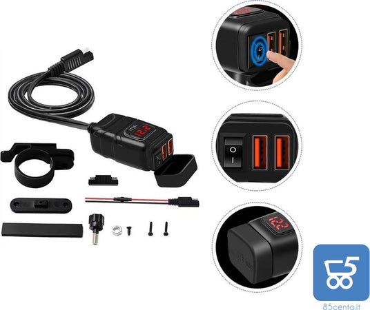Set Caricabatterie con Spina Din 2 USB QC 3.0 per Auto Moto con Copertura Impermeabile
