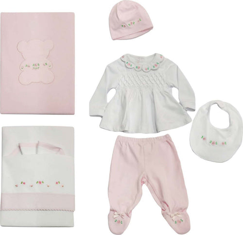 Set Completo Nascita Bimba Kit 5Pz. Tutina Completino Rosa e Bianco +1 Cappello +1Bavaglino +1 Coperta +1 Lenzuolo Ricamato Set Completo Nascita Bimba Sanitaria Gioia del Bimbo - Villa San Giovanni, Commerciovirtuoso.it