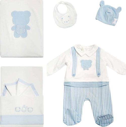 Set COmpleto Nascita Bimbo 5Pz. Tutina +1Coperta +1Lenzuolo Ricamato +1 Cappellino +1 Bavaglino Kit Neonato Primi Giorni Coordinato Bambino Bianco e Azzurro Set Completo Nascita Bimbo Sanitaria Gioia del Bimbo - Villa San Giovanni, Commerciovirtuoso.it