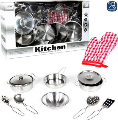 Set-Cucina-Giocattoli-Per-Bambini-In-Metallo-10pz-Con-Pentole-Mestoli-E-Guanto