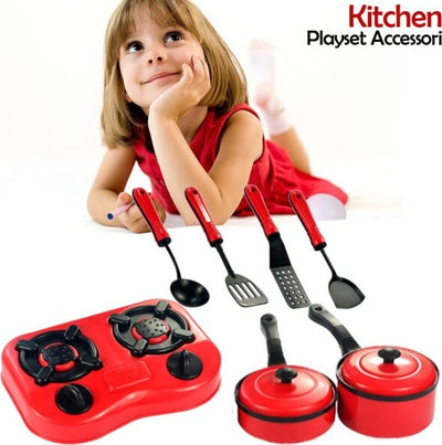 Set-Cucina-Per-Bambine-7pz-Con-Piano-Cottura-Stoviglie-Pentole-E-Accessori-Gioco