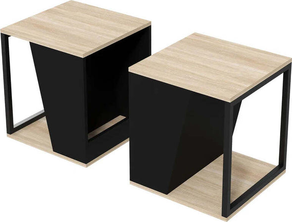 Set-da-2-Tavolini-da-Caffè-con-Vano-Porta-Oggetti-in-Truciolato-e-Acciaio,-40x40x45cm,-Nero-e-Quercia-MN6839-775V80BKMN6