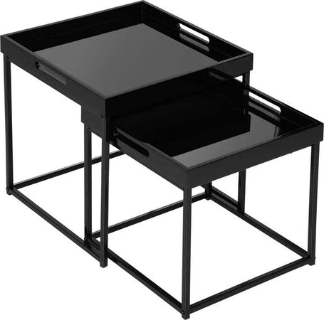 Set-da-2-Tavolini-da-Caffè-Impilabili-con-Finitura-Lucida-e-Telaio-in-Acciaio,-Nero-PS2839-314BKPS2