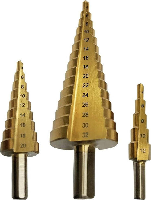 Set da 3 pezzi di frese coniche a gradini in acciaio hss in valigetta di alluminio Fai da te/Utensili elettrici e a mano/Utensili elettrici/Frese verticali La Zappa - Altamura, Commerciovirtuoso.it