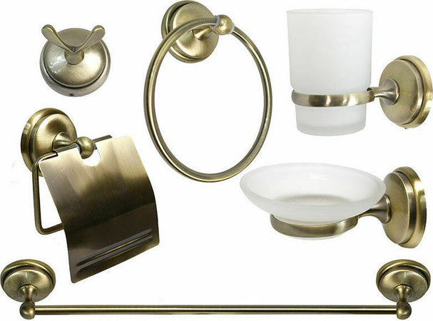 Set-da-bagno-6-pz-metallo-oro-satinato-e-vetro-porta-asciugamano-saponetta