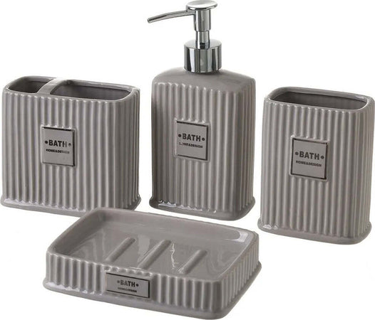Set-da-Bagno-in-Ceramica-Dispenser-Porta-Spazzolini-Bicchiere-Portasapone-Grigio