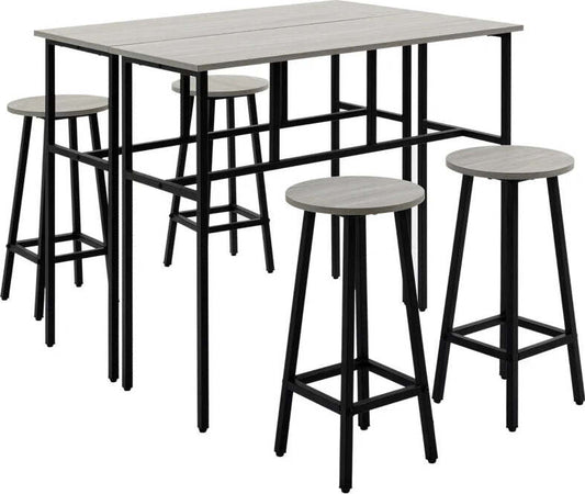 Set-da-Bar-6-Pezzi-con-4-Sgabelli-da-Bar-e-2-Tavoli-Alti-in-Legno-Truciolato-e-Acciaio-per-Cucina-e-Soggiorno,-Grigio-UU5835-678GYUU5