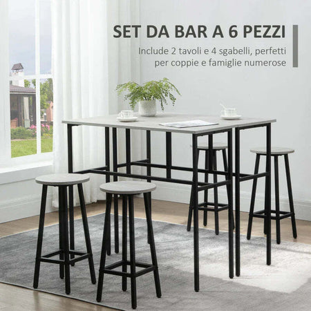 Set-da-Bar-6-Pezzi-con-4-Sgabelli-da-Bar-e-2-Tavoli-Alti-in-Legno-Truciolato-e-Acciaio-per-Cucina-e-Soggiorno,-Grigio-UU5835-678GYUU5