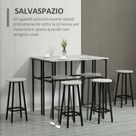 Set-da-Bar-6-Pezzi-con-4-Sgabelli-da-Bar-e-2-Tavoli-Alti-in-Legno-Truciolato-e-Acciaio-per-Cucina-e-Soggiorno,-Grigio-UU5835-678GYUU5