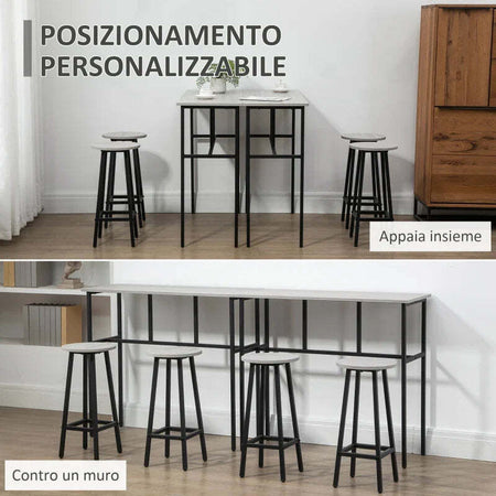 Set-da-Bar-6-Pezzi-con-4-Sgabelli-da-Bar-e-2-Tavoli-Alti-in-Legno-Truciolato-e-Acciaio-per-Cucina-e-Soggiorno,-Grigio-UU5835-678GYUU5