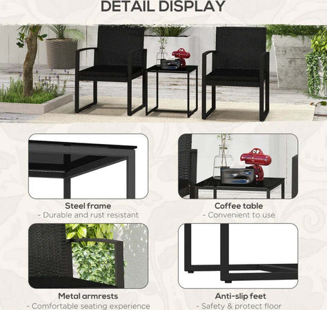 Set-da-Giardino-3-Pezzi-con-2-Sedie-con-Cuscini-e-Tavolino-con-Piano-in-Vetro,-Effetto-Rattan-Nero-84G-320V00BK