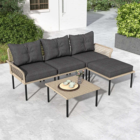 Set-da-Giardino-5-Pezzi-in-Rattan-con-2-Sedie-Laterali,-Sedia-Centrale-e-2-Sgabelli/Tavolini-da-Caffè-860-306V00GY
