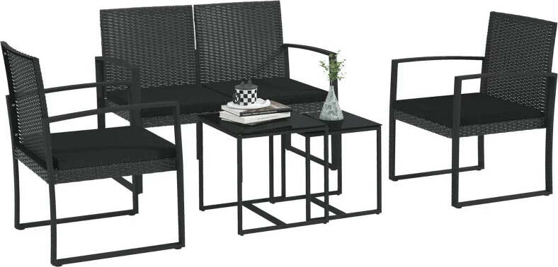 Set-da-Giardino-con-2-Sedie,-Divanetto-e-2-Tavolini-con-Cuscini-e-Piano-in-Vetro,-Nero-84G-319V00BK